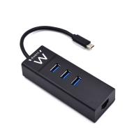 HUB USB 3.2 Gen 1, Type C, 3 Portas USB A + Porta Rede Gigabit, Alimentação USB
