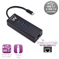 HUB USB 3.2 Gen 1, Type C, 3 Portas USB A + Porta Rede Gigabit, Alimentação USB