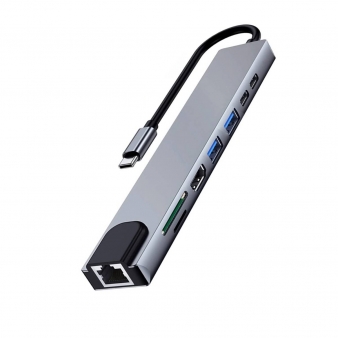 HUB USB 3.2 Gen 1 Type-C para Multiporta 8 em 1, HDMI 4K, PD 87W, USB C, 2xUSB-A, LAN, Leitor Cartões